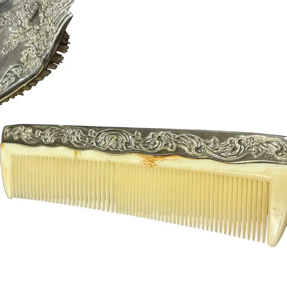 Vintage Silver Plated Vanity Dresser Set Mirror Brush Comb Ornate Floral